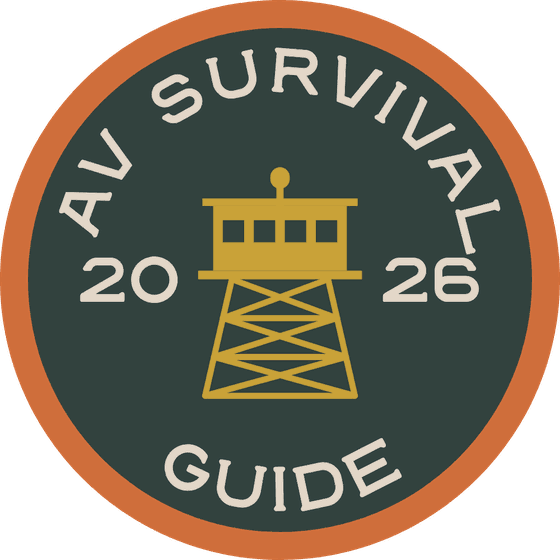 AV Survival Guide seal: a lookout tower inside a round badge, with the words AV Survival Guide and the year 2026.
